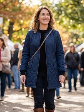 Sebby Collection Navy Quilted Bomber Coat Jacket
